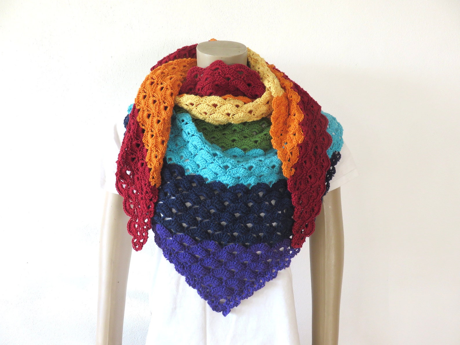 Large Crochet Triangular Shawl Chakra Colors Boho Style | Etsy