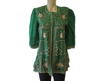 Vintage Tunika Sari Bluse Reine Seide Mit Posamenten Und Pailletten Handbestickt