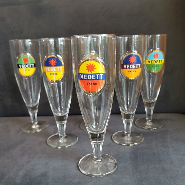 Lot van 6 Vedett Belgische bierglazen, cadeau voor bierliefhebber, bierglasverzamelaar, mancave, vrijgezellengeschenk, biergrot