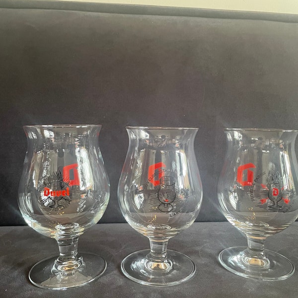 Lot van 3 vintage belgische Duvel bierglazen, mancave cadeau, bierliefhebbers, cadeau voor papa, Belgisch bierglas