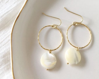 Mother of Pearl Hoop Earrings - Pearl Coin Earrings - Dangle Disc Earrings Gold - Dainty Hoop Earrings with Charm - Woman Gift