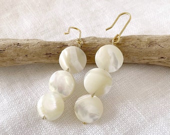 Mother of Pearl Earrings Gold, Mop Earrings, White Coin Earrings, Lightweight Statement Earrings, Boho Wedding Jewelry, Girlfriend Gift