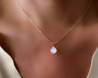 Small Rainbow Moonstone Necklace 14k, Dainty Crystal Necklace, Dew Drop Necklace, Moonstone Jewelry, June Birthday Gift for Her