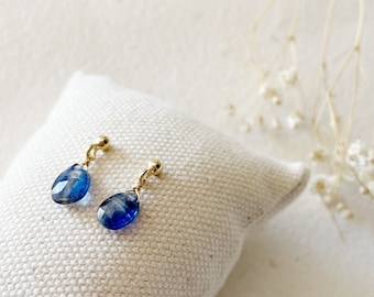 Tiny Teardrop Earrings Dangle, Blue Kyanite Earrings, Mini Drop Earrings Gold, Real Gemstone Earrings, Minimalist Jewelry, Gift for Bride
