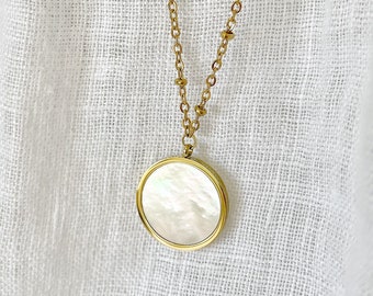 Mother of Pearl Coin Necklace, Statement Pearl Pendant Necklace Gold, Round Medal Necklace, Stainless Jewelry, Bridal Gift, Waterproof Chain