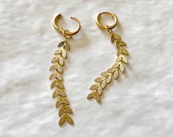 Long Dangle Gold Earrings Lightweight, Herringbone Earrings, Huggie Chain Earrings Statement Chain Earrings, Waterproof Jewelry Gift for Her