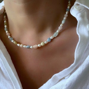 Pearl Necklace Colorful, Pearl Necklace Multicolor, Beaded Pearl Choker Gold, Gemstone Jewelry Handmade, June Birthstone Gift for Her