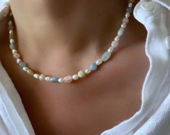 Perlenkette Bunt, Perlenkette Multicolor, Perlen Choker Gold, Edelstein Schmuck handgemacht, Juni Birthstone Geschenk für Sie