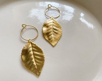 Large Gold Leaf Earrings, Statement Earrings Lightweight, Wire Hoop Earrings with Charm, Trendy Gold Earrings, Natural Jewelry, Sister Gift