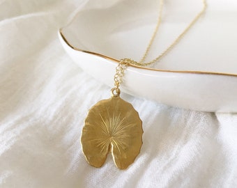 Gold Lotus Leaf Necklace – Vintage Brass Pendant, Nature Jewelry
