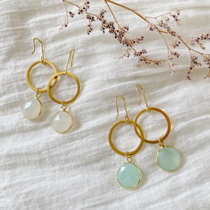 Modern Gem Earrings, Mint Green Earrings Gold, Chalcedony Earrings, Off White Earrings, Delicate Brass Dangles, Gemstone Jewelry, Woman Gift