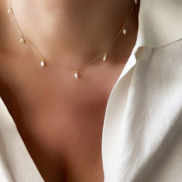 Pearl Dangle Choker Necklace, Pearl Fringe Necklace, Pearl Station Choker, Freshwater Pearl Necklace Dainty, Simple Gold Jewelry, Wife Gift