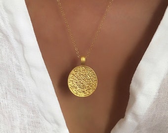 Greek Coin Necklace Gold - Disc Gold Necklace Pendant - Stacking Necklace Gold - Boho Dainty Jewelry - Gift for Women