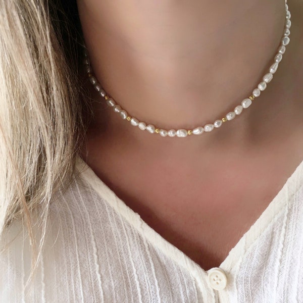 Echte Perlenkette, zierliche Perlenkette, moderne Süßwasserperlenkette, Reisperlenkette, Brautjungferngeschenk, Hochzeitsschmuck