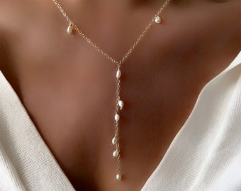 Perlen Lariat Halskette, Perlenkette 14k Gold, Zierliche Perlenkette für Braut, Y-Halskette Hochzeit, echter Perlenschmuck, Trauzeugin Geschenk der Braut