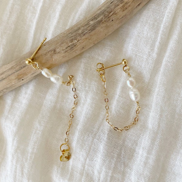Pearl Drop Chain Earrings, Dainty Gold Chain Hoops, Freshwater Pearl Earrings Dangle, Natural Pearl Jewelry, June Birthstone Gift