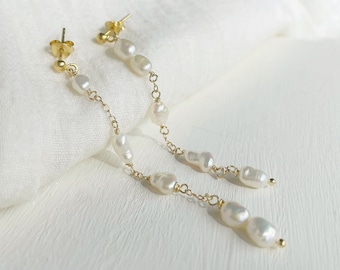 Long Pearl Dangle Earrings, Mismatched Pearl Earrings, Freshwater Pearl Earrings Gold, Irregular Pearls, Pearl Bridal Jewelry, Bride Gift