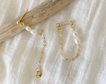 Pearl Drop Chain Earrings, Dainty Gold Chain Hoops, Freshwater Pearl Earrings Dangle, Natural Pearl Jewelry, June Birthstone Gift