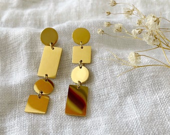 Gold Geometric Long Earrings, Square Circle Earrings, Asymmetrical Dangle Earrings, Modern Statement Jewelry, Waterproof, Gift for Sister