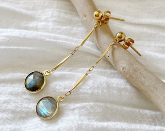 Labradorite Earrings Gold, Labradorite Dangle Earrings Long, Chain Gemstone Earrings, Dainty Statement Earring, Crystal Jewelry Gift for Her