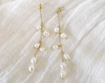 Brinco de pérola pequena pendente, brincos de pérola com corrente longa, brincos de pérola de água doce dourados, brincos de pérola em camadas, joias delicadas, presente de noiva