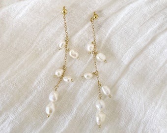 Tiny Pearl Dangle Earring, Pearl Long Chain Earrings, Freshwater Pearl Drop Earrings Gold, Tier Pearl Earrings, Dainty Jewelry, Bride  Gift