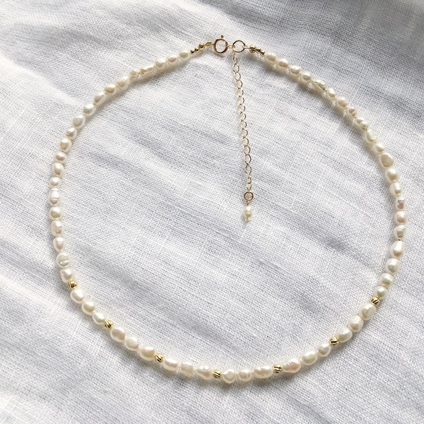 Rice Pearl Choker, Ivory Pearl Choker Beaded Necklace, Dainty Boho Short Necklace, Fresh Pearl Gold Necklace, Bridal Jewelry, Bride Gift