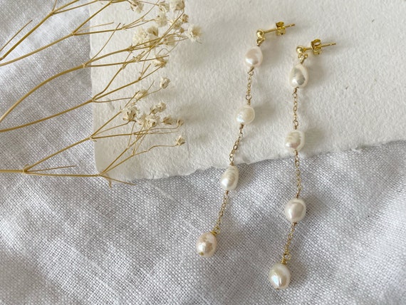 Bridal Pearl Earrings Long Freshwater Pearl Drop Earrings