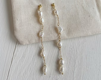 Asymmetric Pearl Earrings, Long Drop Pearl Earrings, Unbalanced Earrings, Freshwater Pearl Jewelry Gold, Bridesmaid Gift for Wedding Day