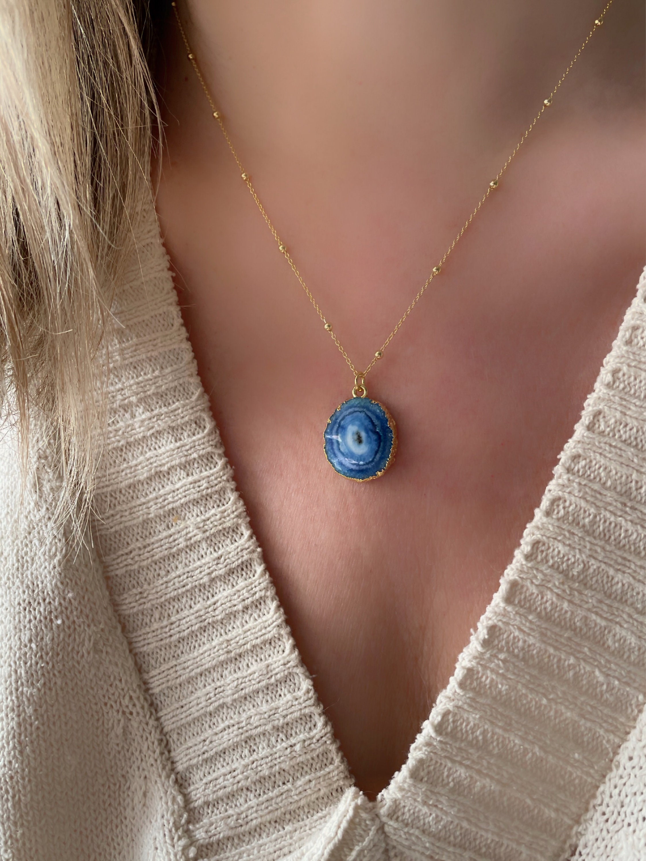 Statement Blue beaded gemstone pendant necklace set at ₹4900 | Azilaa