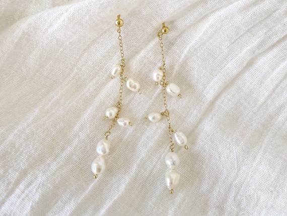 Tiny Pearl Dangle Earring Pearl Long Chain Earrings 
