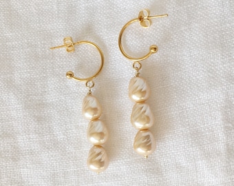 Baroque Pearl Dangle Earrings, Drop Pearl Hoops, Modern Pearl Earrings, Champagne Pearl Earrings, Bridal Bohemian Jewelry, Gift for Her