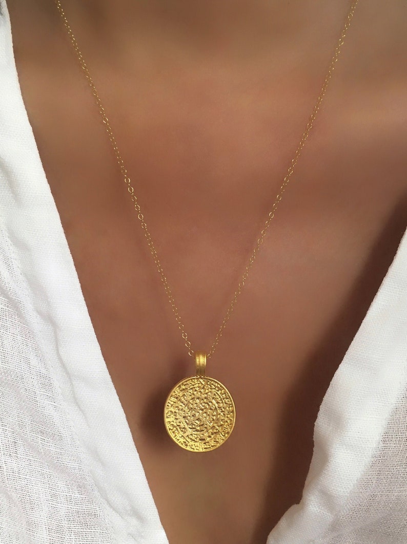 Greek Coin Necklace Gold Disc Gold Necklace Pendant Stacking Necklace Gold Boho Dainty Jewelry Gift for Women image 1