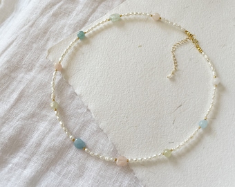 Freshwater Pearl and Gemstone Necklace, Colorful Pearl Necklace, Mixed Pearl Necklace, Beaded Pearl Choker, Pastel Jewelry, Gift for Her