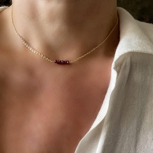 Garnet Bar Necklace, Thin Gold Necklace with Tiny Beads, Garnet choker, Dainty Garnet Necklace, Red Gemstone Jewelry Minimalist Gift for Her