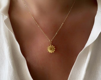 Dainty Medallion Necklace, Small Gold Coin Necklace Sunbeam Pendant, Sunburst Necklace Double Sided Pendant, Minimalist Jewelry Gift for Her