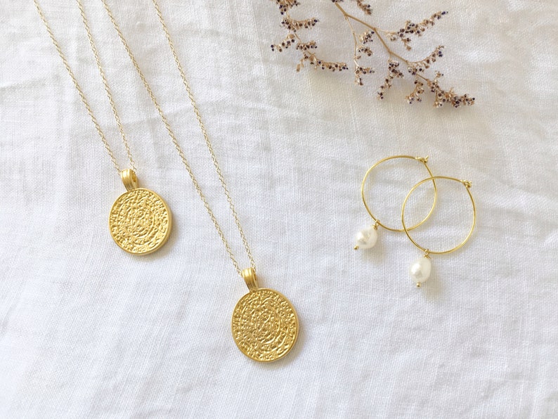 Greek Coin Necklace Gold Disc Gold Necklace Pendant Stacking Necklace Gold Boho Dainty Jewelry Gift for Women image 3