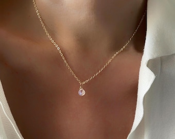 Moonstone Gold Necklace for Bride, Rainbow Moonstone Necklace Dainty, Tiny Gemstone Necklace, June Birthstone Gift, Genuine Stone Jewelry