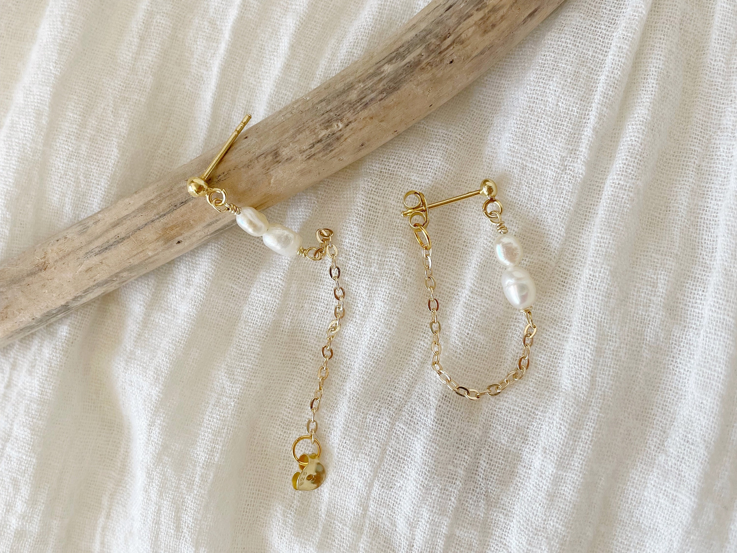Pearl Drop Chain Earrings Dainty Gold Chain Hoops Freshwater - Etsy