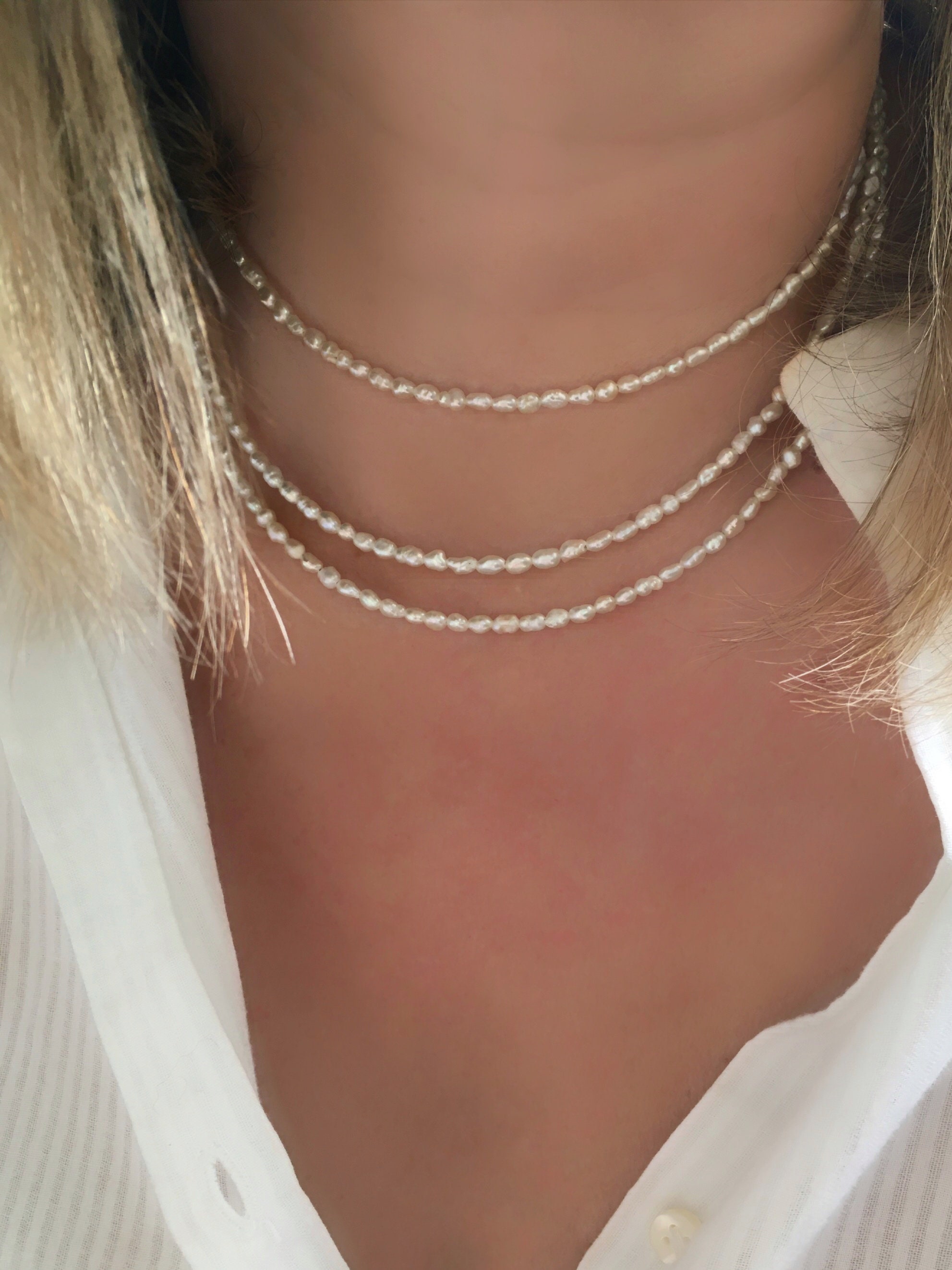 Dainty Pearl Choker Necklace Rice Pearl 