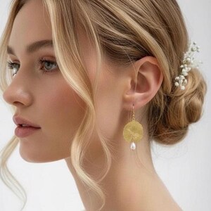 Freshwater Pearl Lily Pad Earrings, Gold Lotus Leaf Dangles, Wedding Jewelry image 9