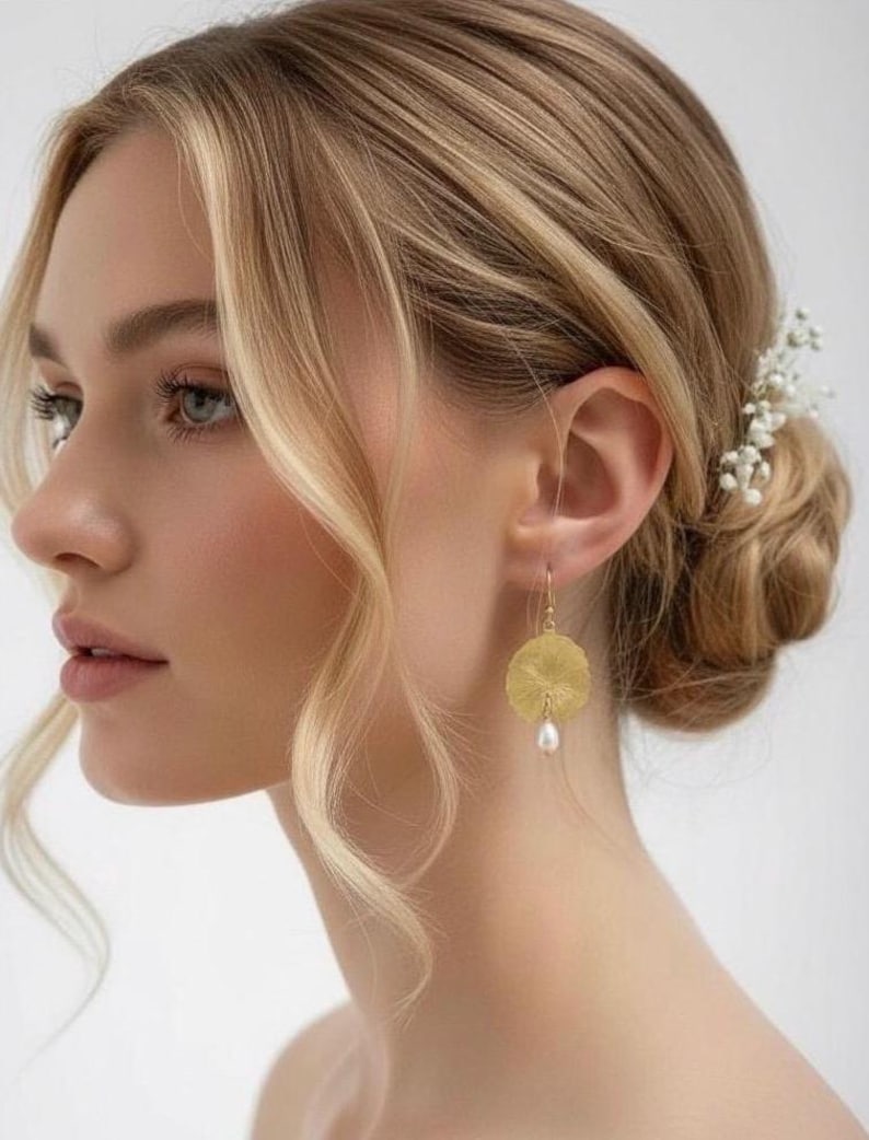 Freshwater Pearl Lily Pad Earrings, Gold Lotus Leaf Dangles, Wedding Jewelry image 9