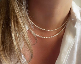 Zoetwaterparel ketting sierlijk, kleine parel kralen choker, echte parelketting, rijst parelketting, klassieke ketting, cadeau voor haar