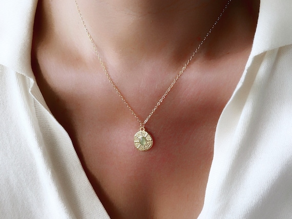 Small Gold Medallion Necklace, Sun Coin Pendant Necklace, Dainty Green Gemstone Necklace, Layering Jewelry, Sunburst Jewelry, Gift for Her