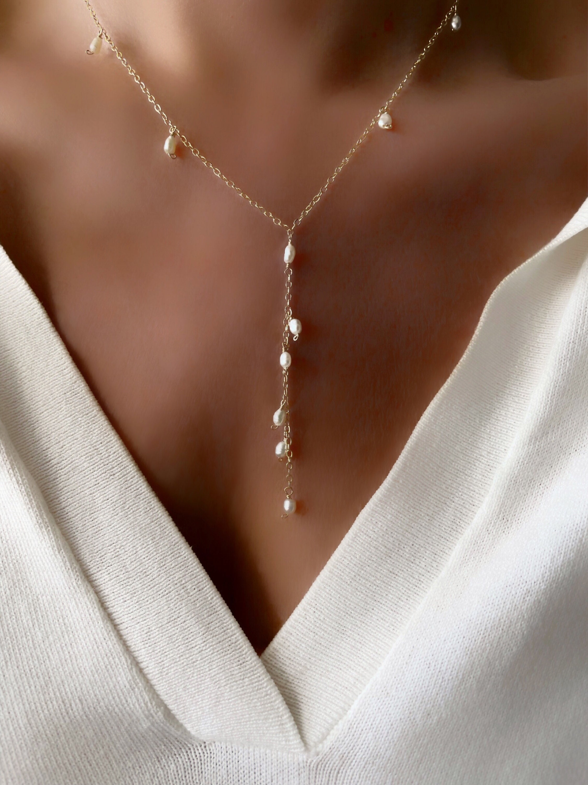 Pearl Lariat Necklace, Pearl Necklace 14k Gold, Dainty Pearl