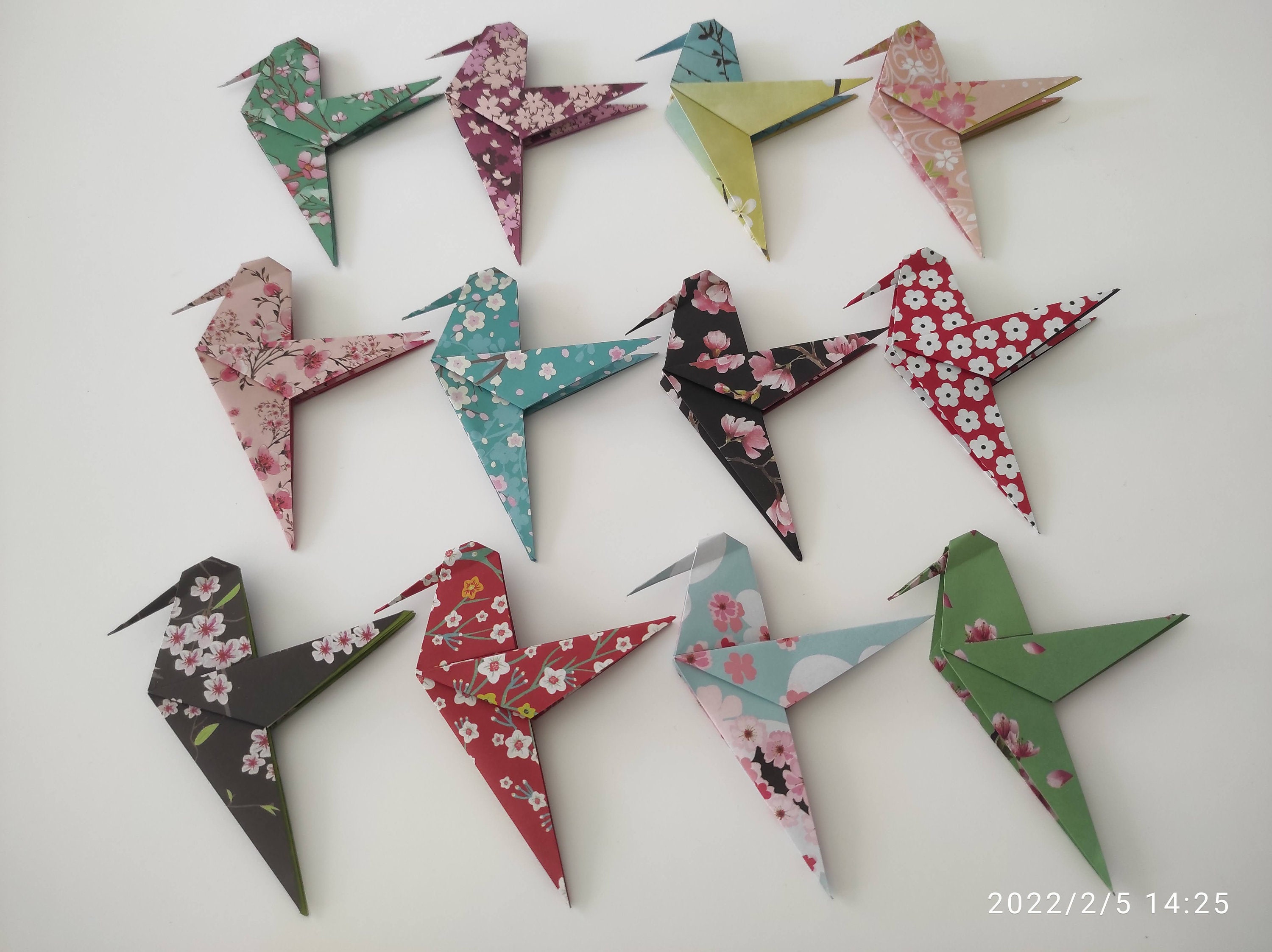 12 Colibris Origami Motifs Fleurs de Cerisiers