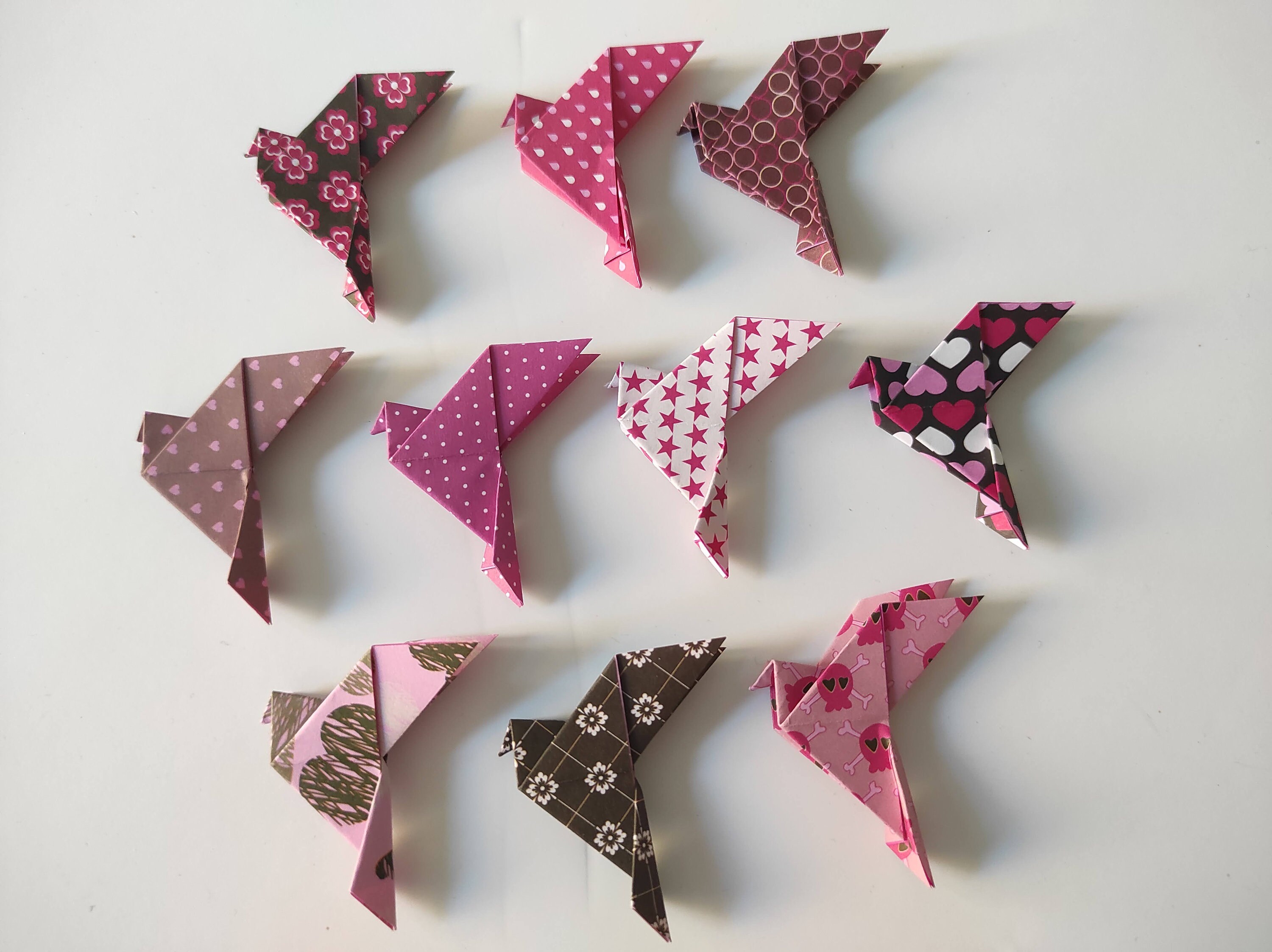 10 Mini Colombes Origami Rose Marron et Gris
