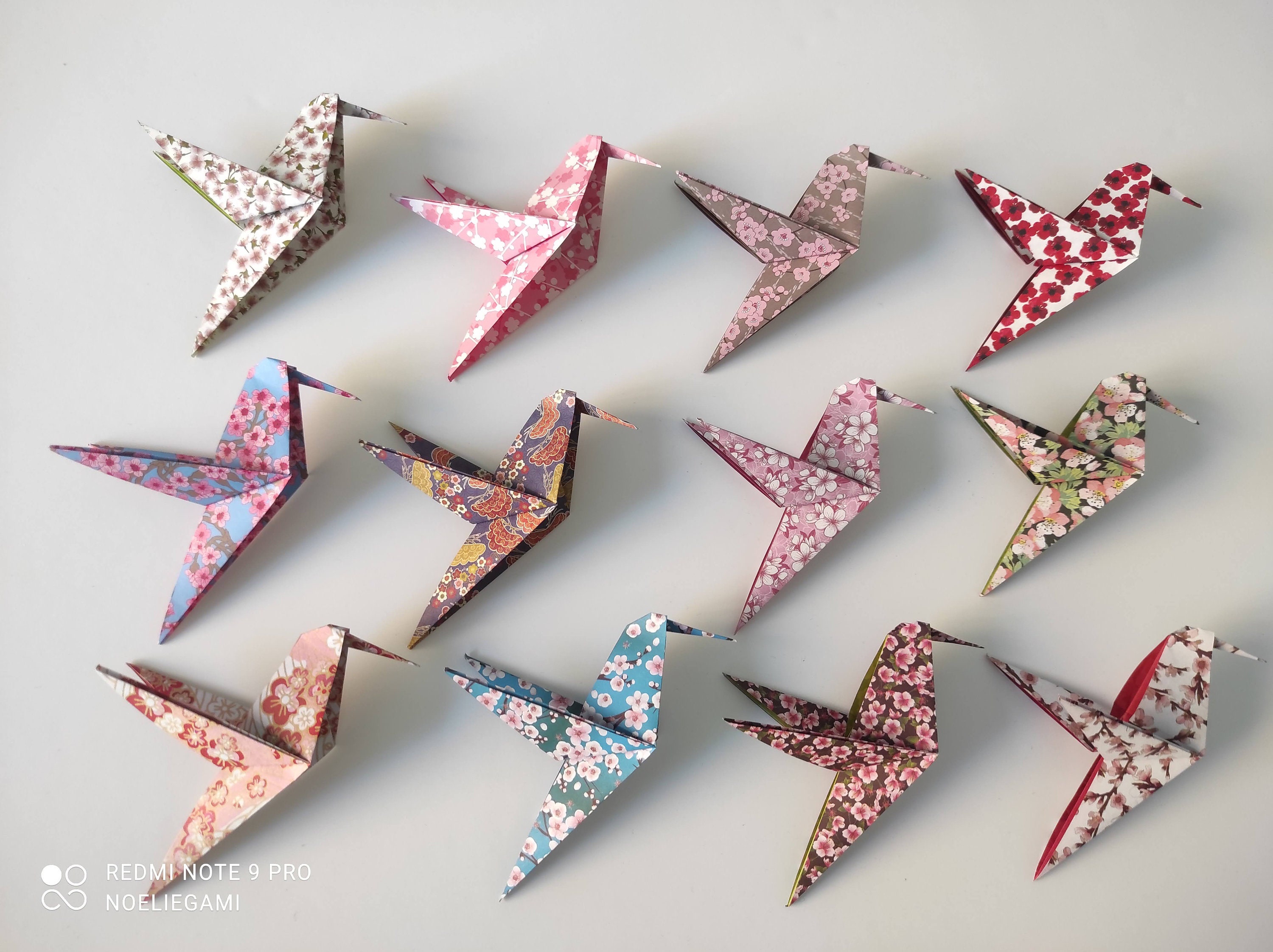 12 Colibris Origami Motifs Fleurs de Cerisier Japonais