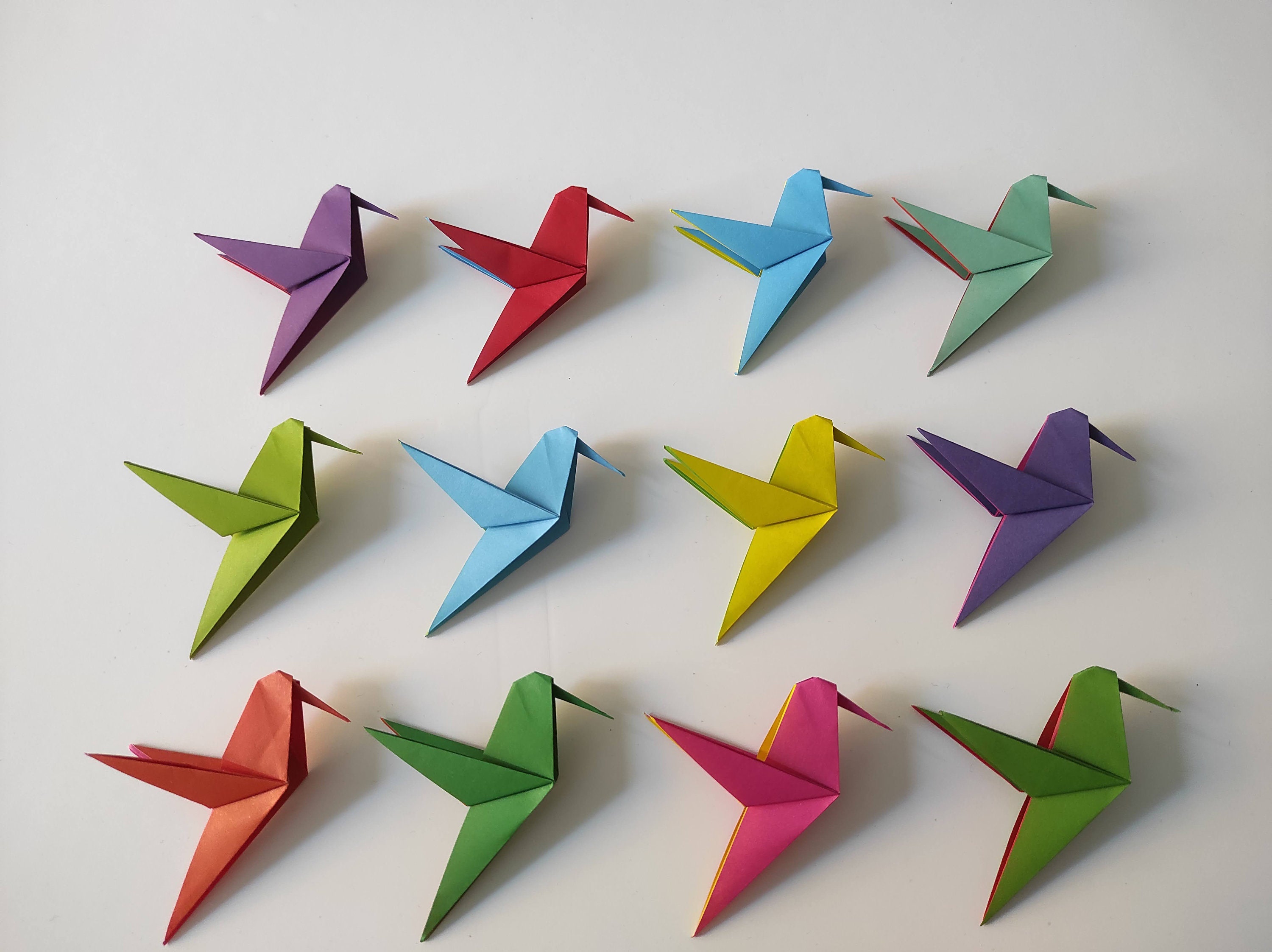 12 Colibris Origami Couleurs Unies, Arc en Ciel