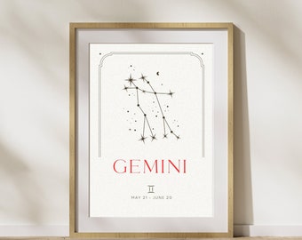 Affiche du signe astrologique du zodiaque Gémeaux. cadeau pour les enfants ou le bureau, Imprimable, Art mural du zodiaque minimaliste, TÉLÉCHARGEMENT NUMÉRIQUE sans limite de taille pour l’impression.